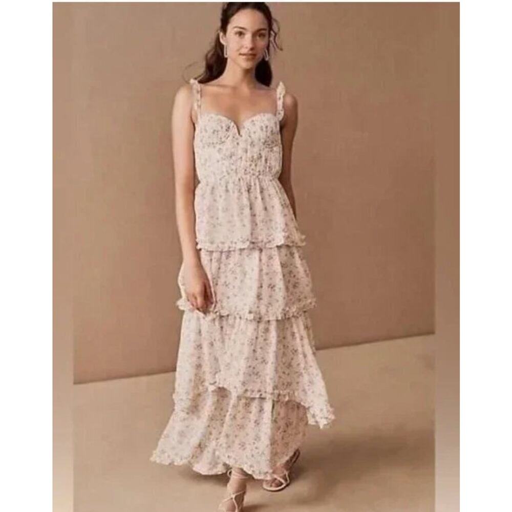 SAU LEE Sz 6 US Peyton Maxi Dress White Multi Floral Ruffle NWT
